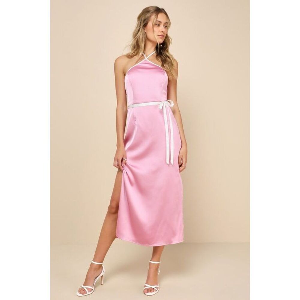 Lulus Lovely Favorite Pink And White Color Block Satin Midi Dress - Size S